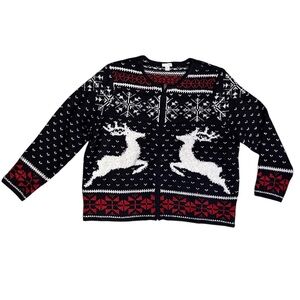 J Jill Cardigan Sweater Wool Blend Full Zip Deer Snowflake Nordic Red Black Sz L
